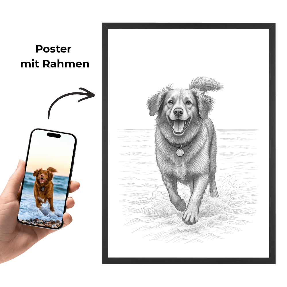 Gerahmtes Poster mit Zeichnung eines laufenden Hundes, personalisierbar