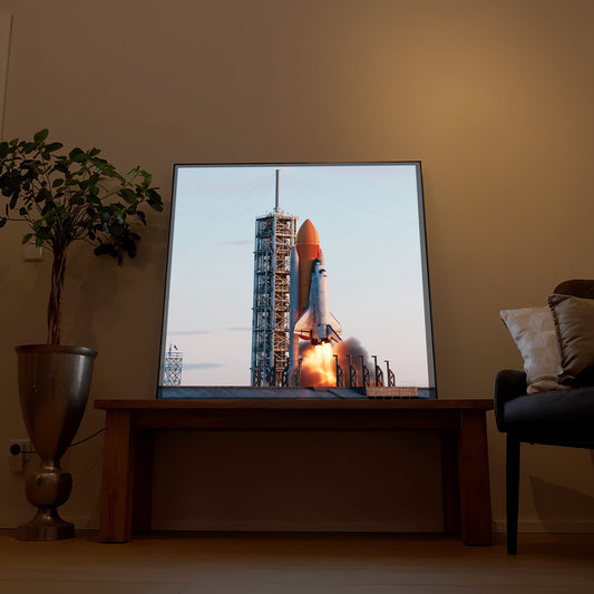 LED-Bild mit Space Shuttle beim Start im Holzrahmen, Rakete mit Flammen
