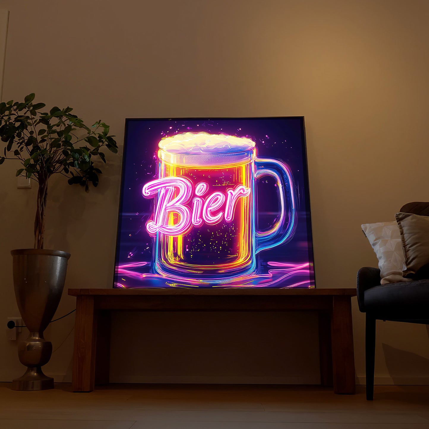 LED-Bild mit Neon-Bierglas, Leuchtschrift „Bier“ im Rahmen