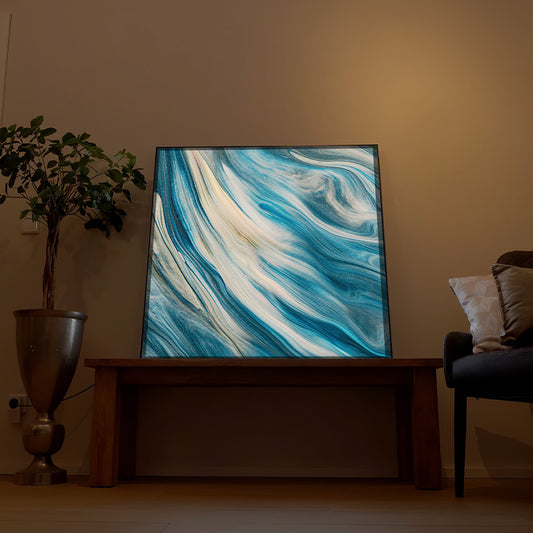 Gerahmtes LED-Bild mit blauen Wellen, dunkler Rahmen