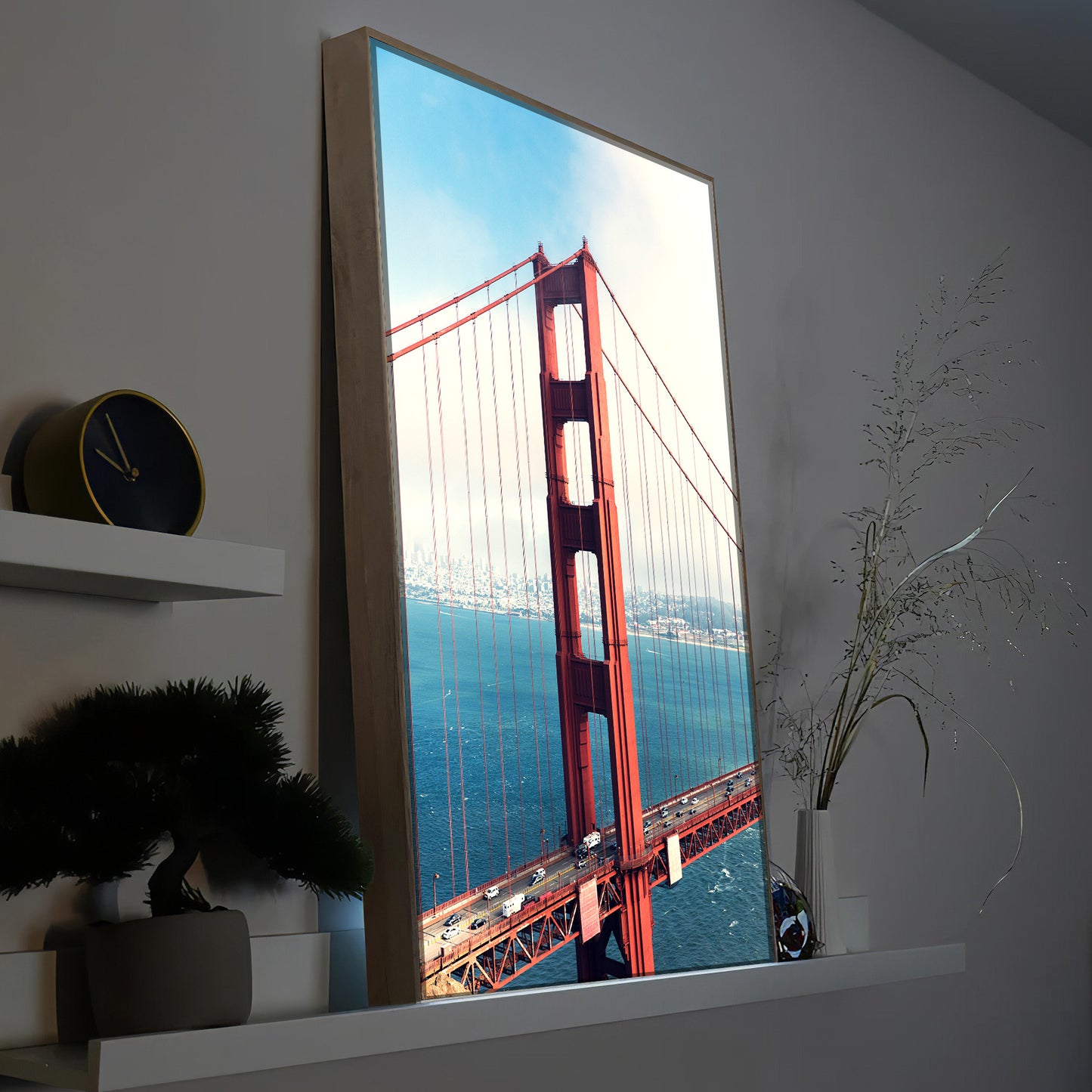 LED-Bild mit Motiv der Golden Gate Bridge, Holzrahmen