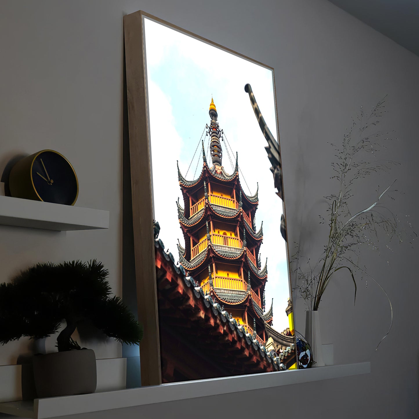 LED-Bild mit chinesischem Tempel, Holzrahmen, beleuchtete Pagode