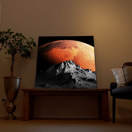 Rechteckiges LED-Bild mit leuchtendem Mond über Berglandschaft, dunkler Rahmen