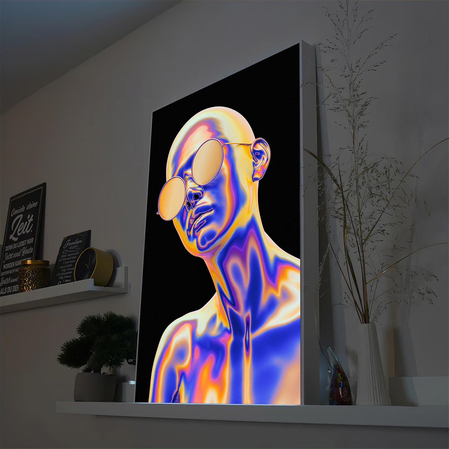 LED-Bild im schwarzen Rahmen mit leuchtendem Porträt in Blau und Orange