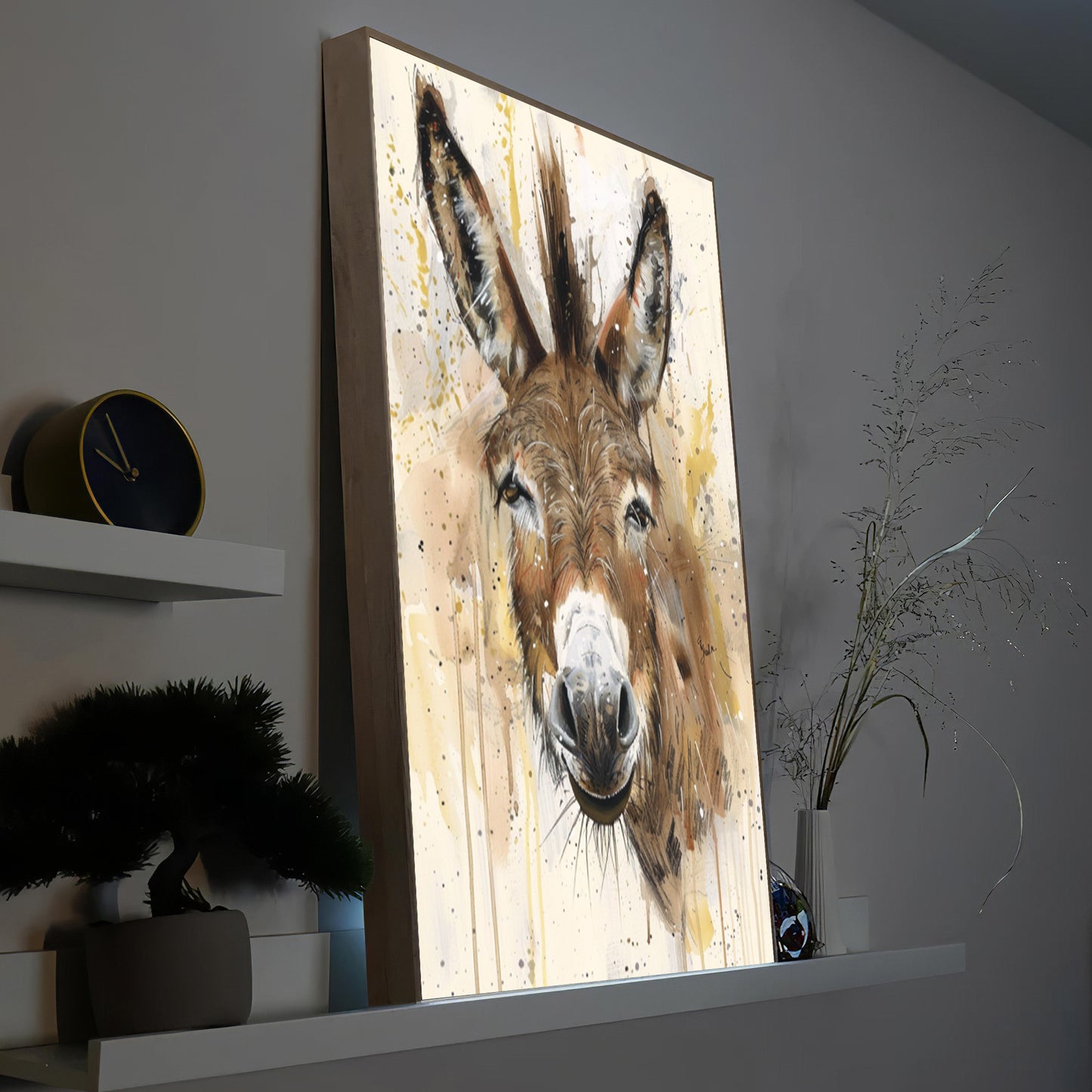 Esel-Pastell-LED-Bild mit Holzrahmen, Porträt eines Esels im Pastellstil