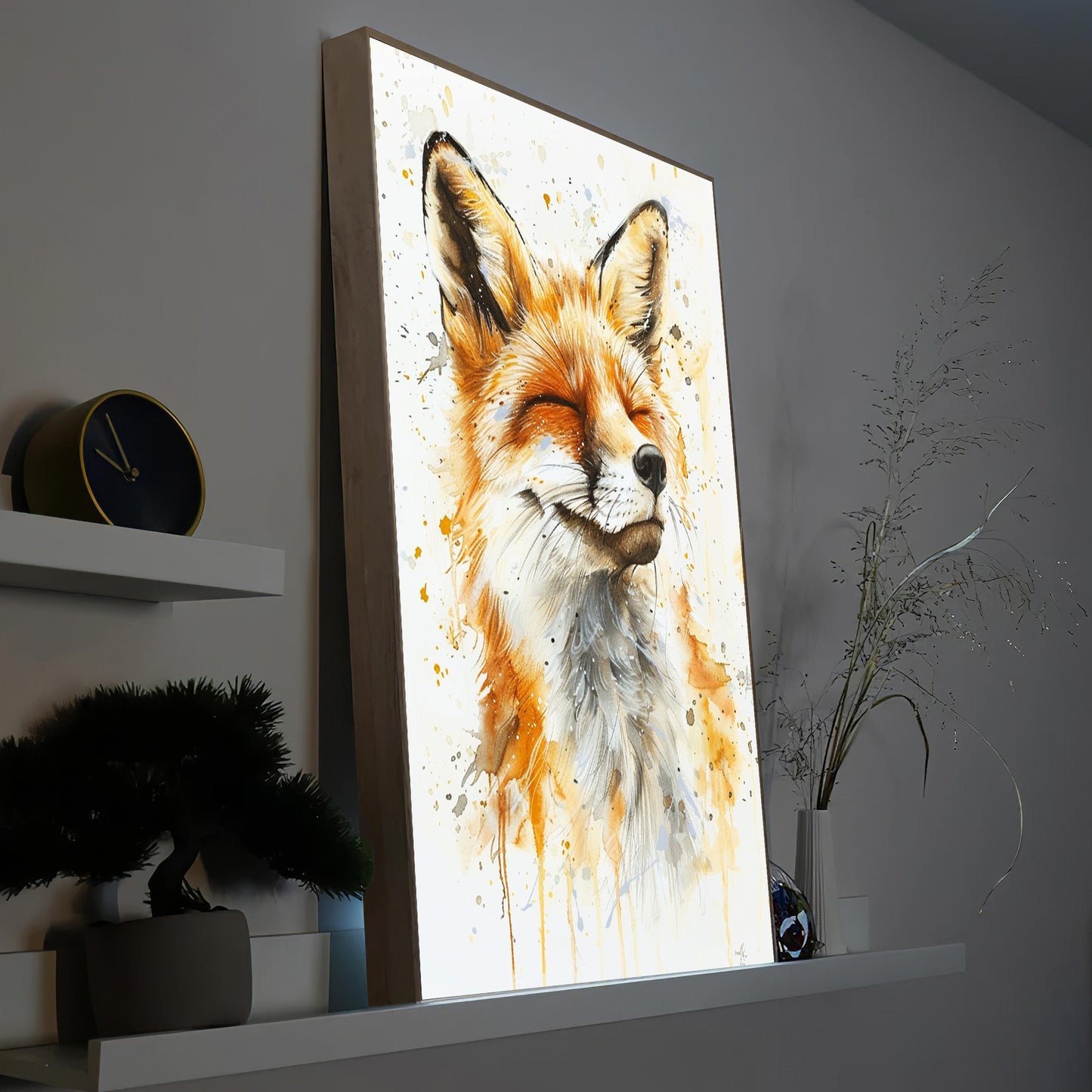 Gerahmtes LED-Bild mit Fuchsgesicht in Pastellfarben, Holzrahmen