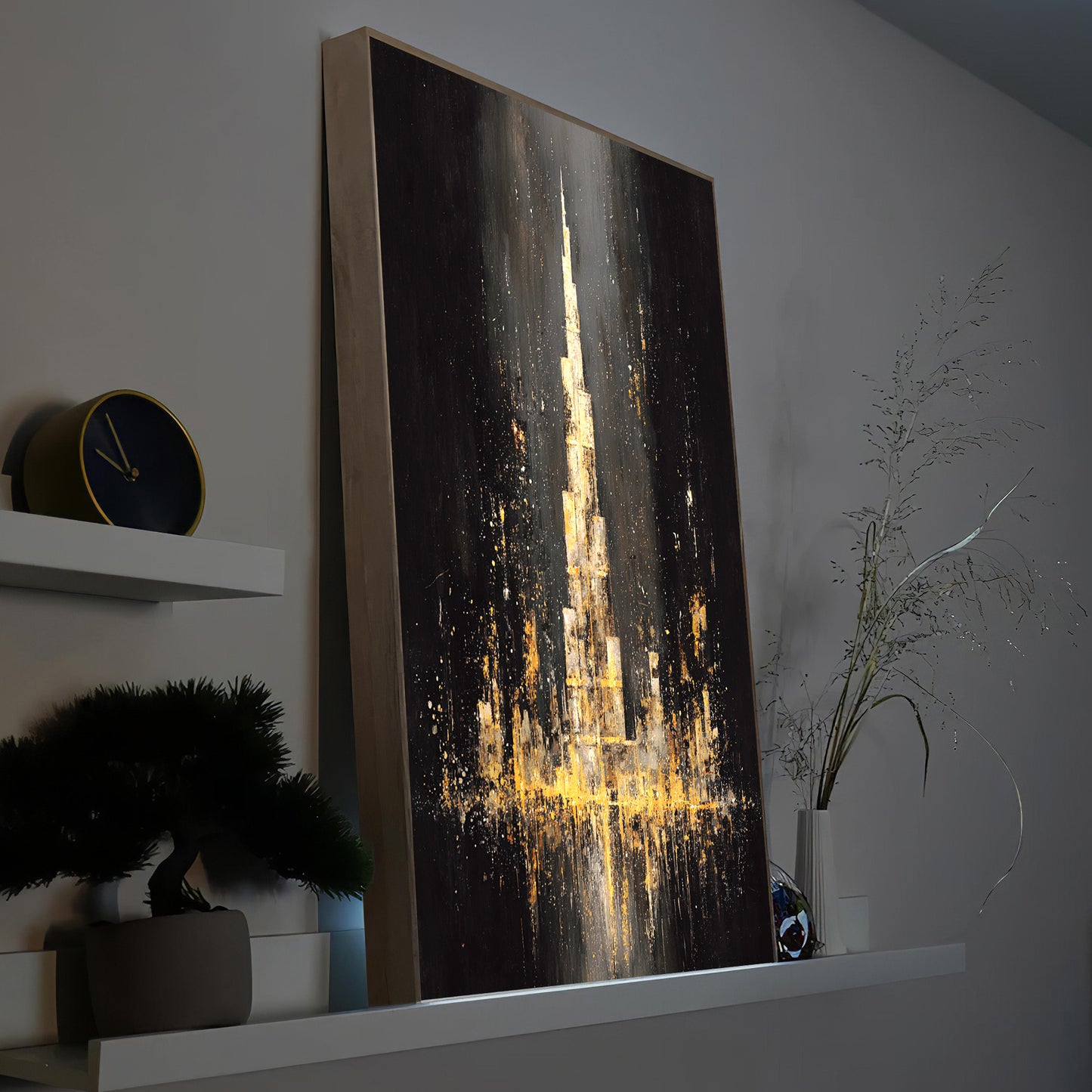 LED-Bild mit Burj-Khalifa-Motiv, Holzrahmen, dunkel, goldene Lichtdarstellung