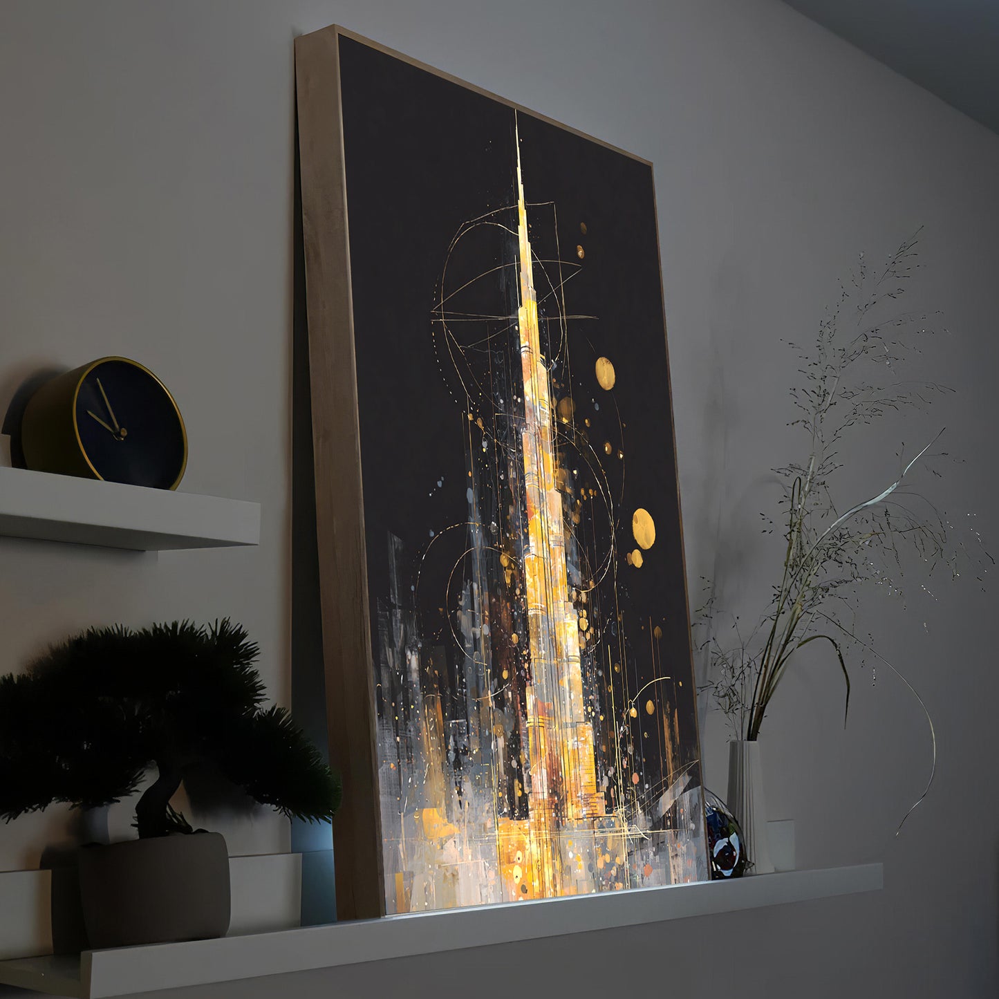 LED-Bild mit Holzrahmen, abstraktes Burj-Khalifa-Motiv mit goldener Lichtstreuung