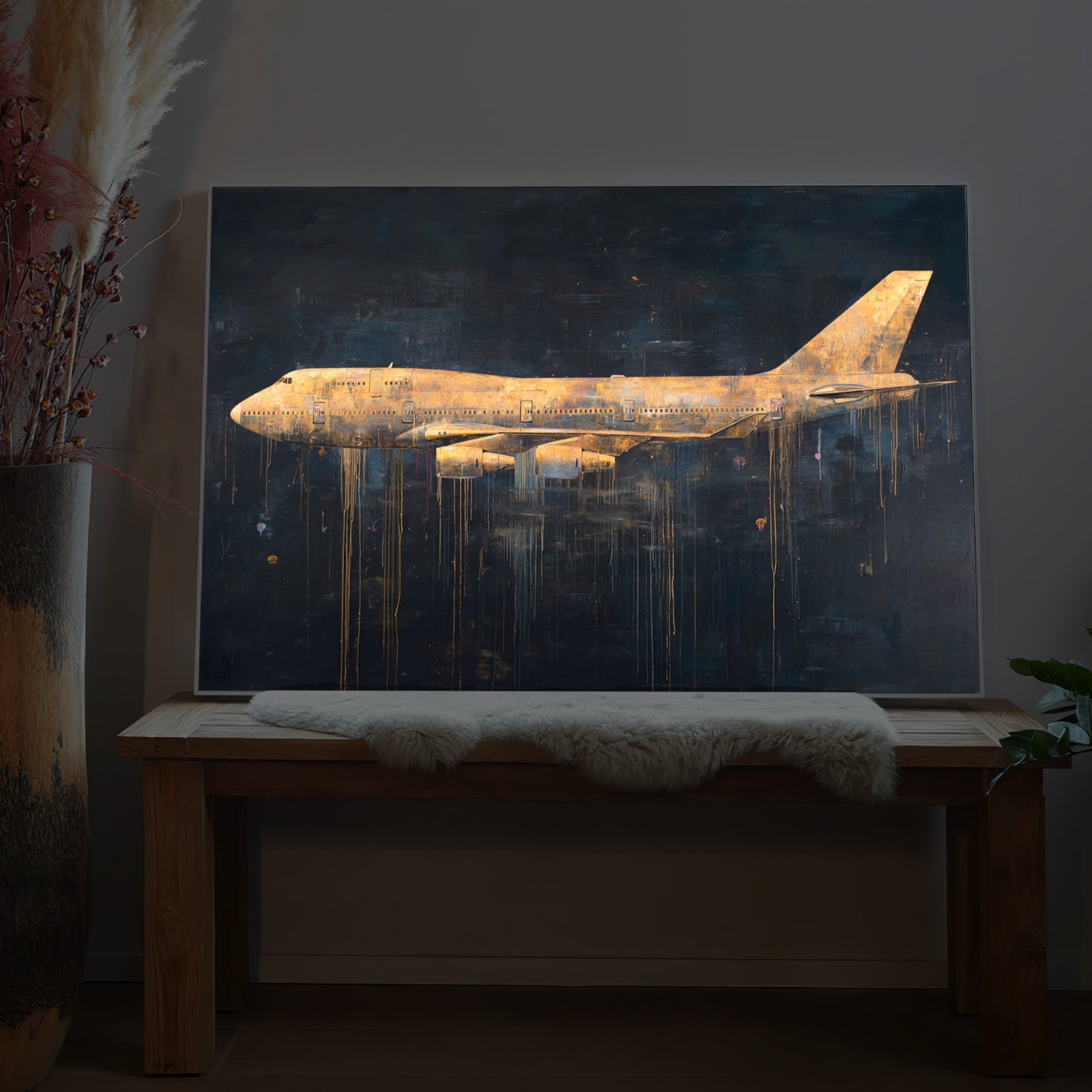 Flugzeug-LED-Bild mit Rahmen, goldfarbenes Flugzeug auf dunklem Hintergrund