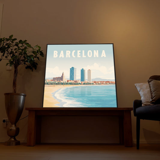 LED-Bild mit Rahmen: Motiv „Barcelona“ über Küste mit Wellen und Skyline