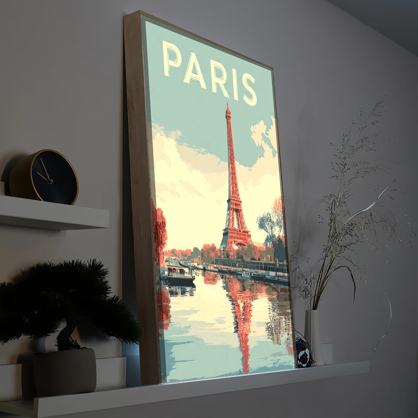 LED-Bild mit Parismotiv, Eiffelturm, Holzrahmen