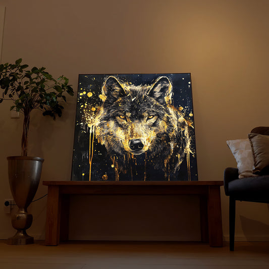 Gerahmtes LED-Kunstbild mit Wolfkopf in Goldspritzern auf dunkler Fläche