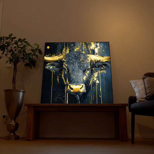 LED-Bild mit Holzrahmen, zentrales Stiermotiv in Blau mit goldenen Spritzern