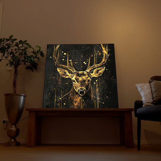 LED-Bild im Holzrahmen: goldener Hirsch mit ausgeleuchteten Geweih-Linien