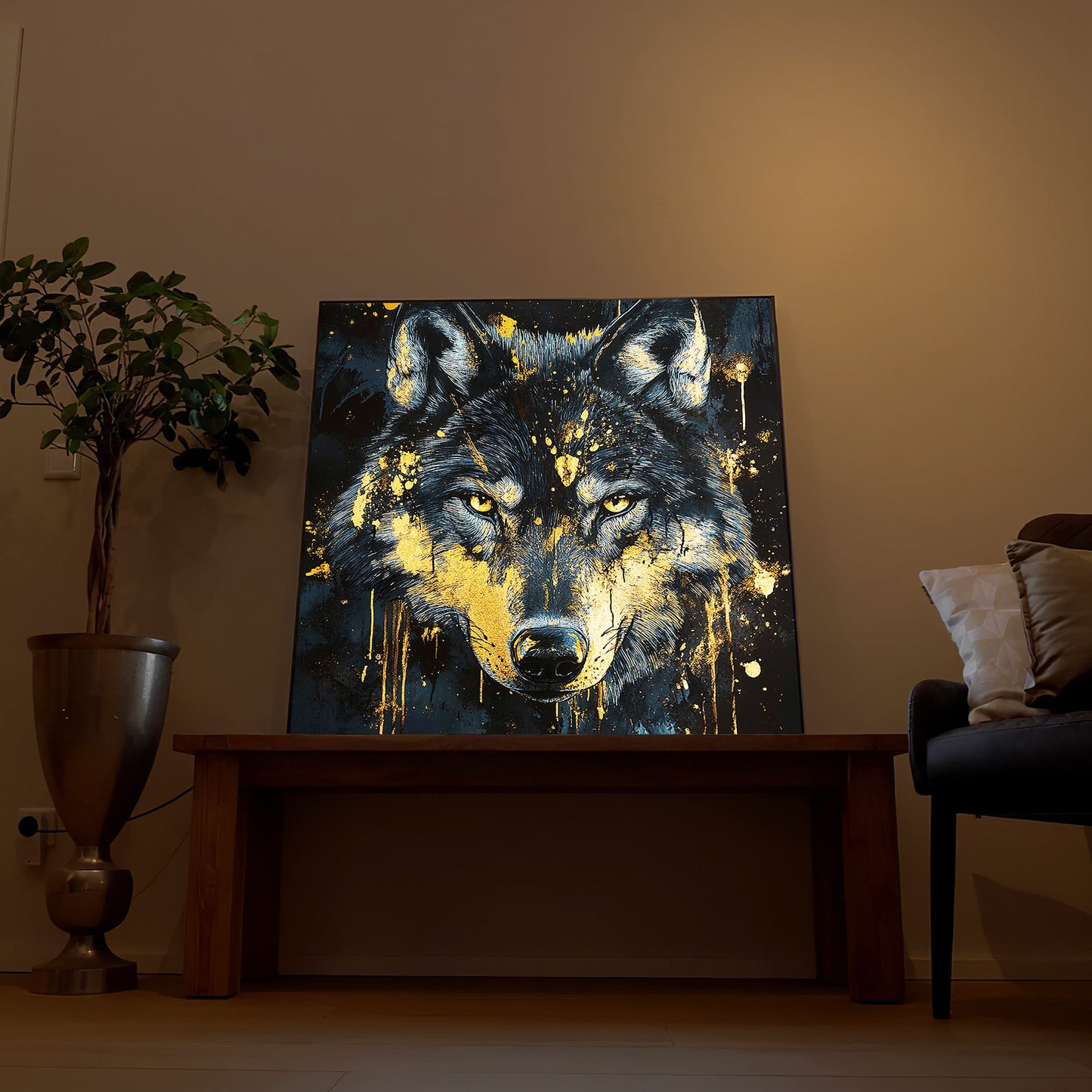 LED-Wandbild mit Wolfsgesicht, quadratisches Bild im Holzrahmen
