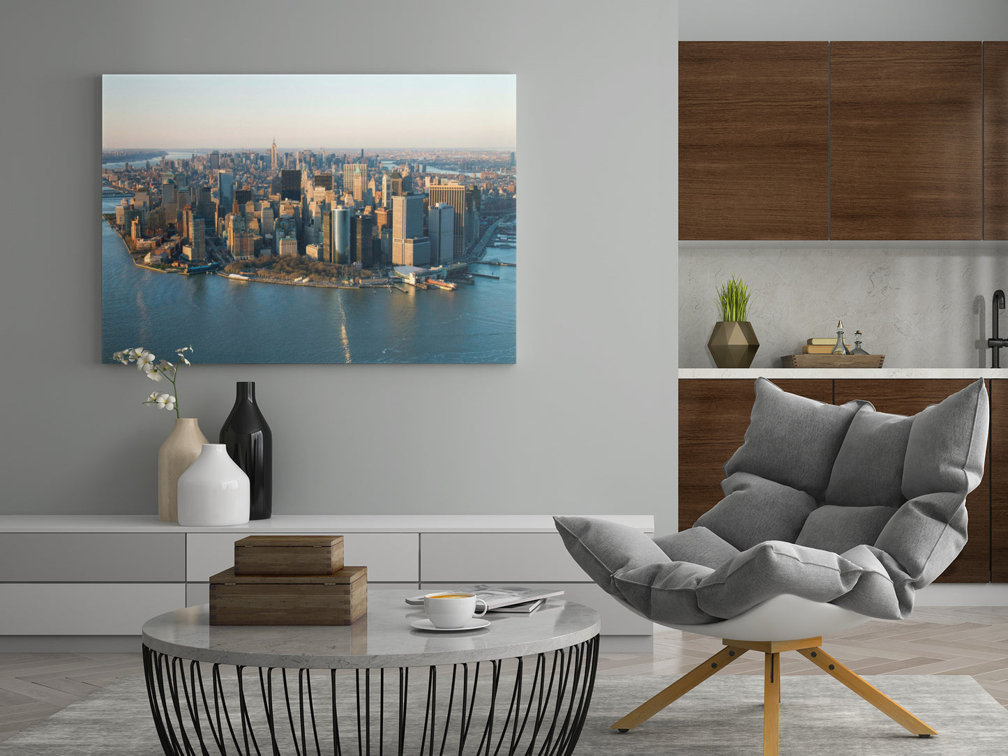 Stadtposter mit Skyline und Fluss, rechteckig an der Wand montiert