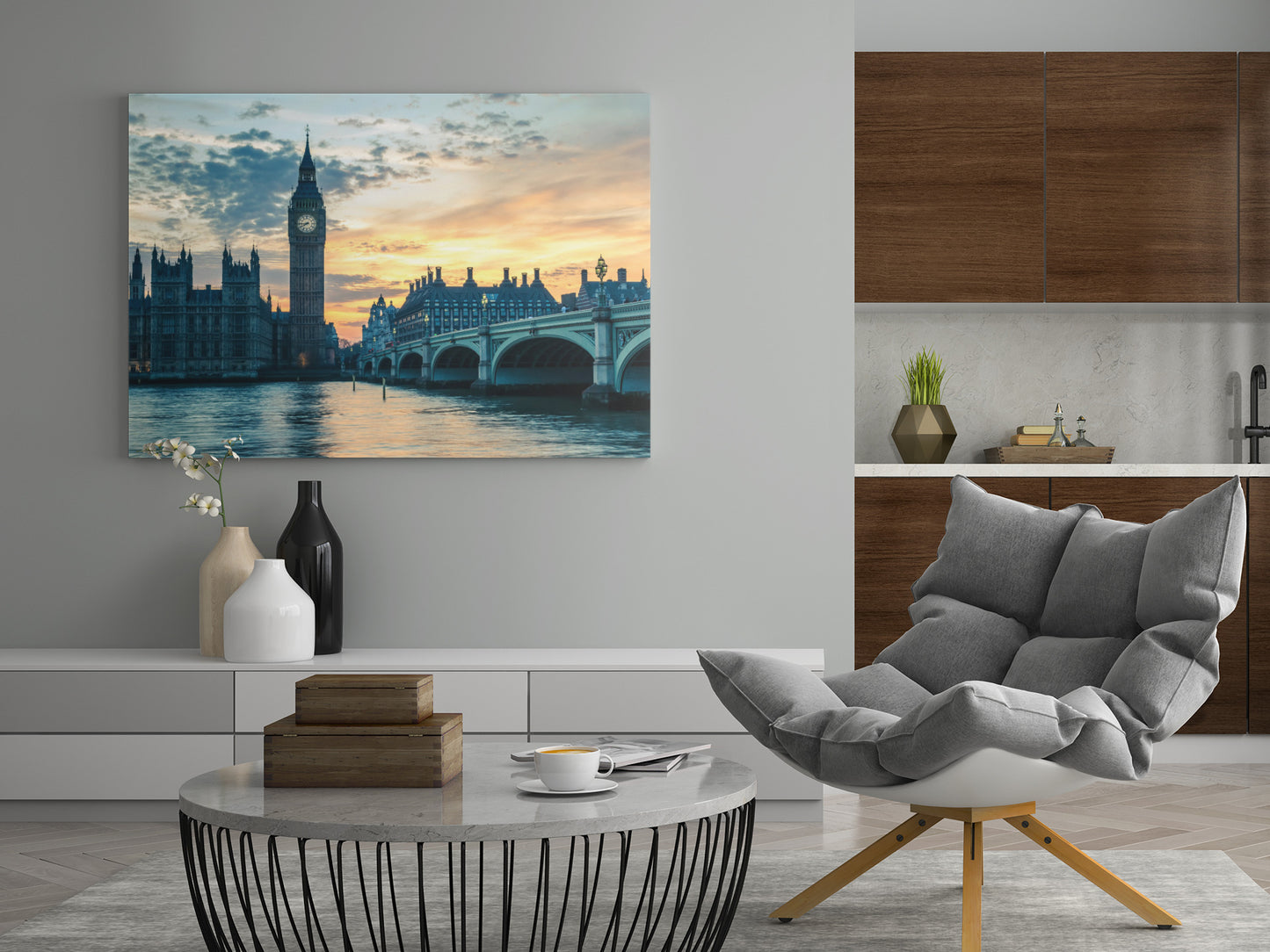 Querformat-Poster oder Leinwand mit Big Ben und Themse vor Himmel im Abendrot