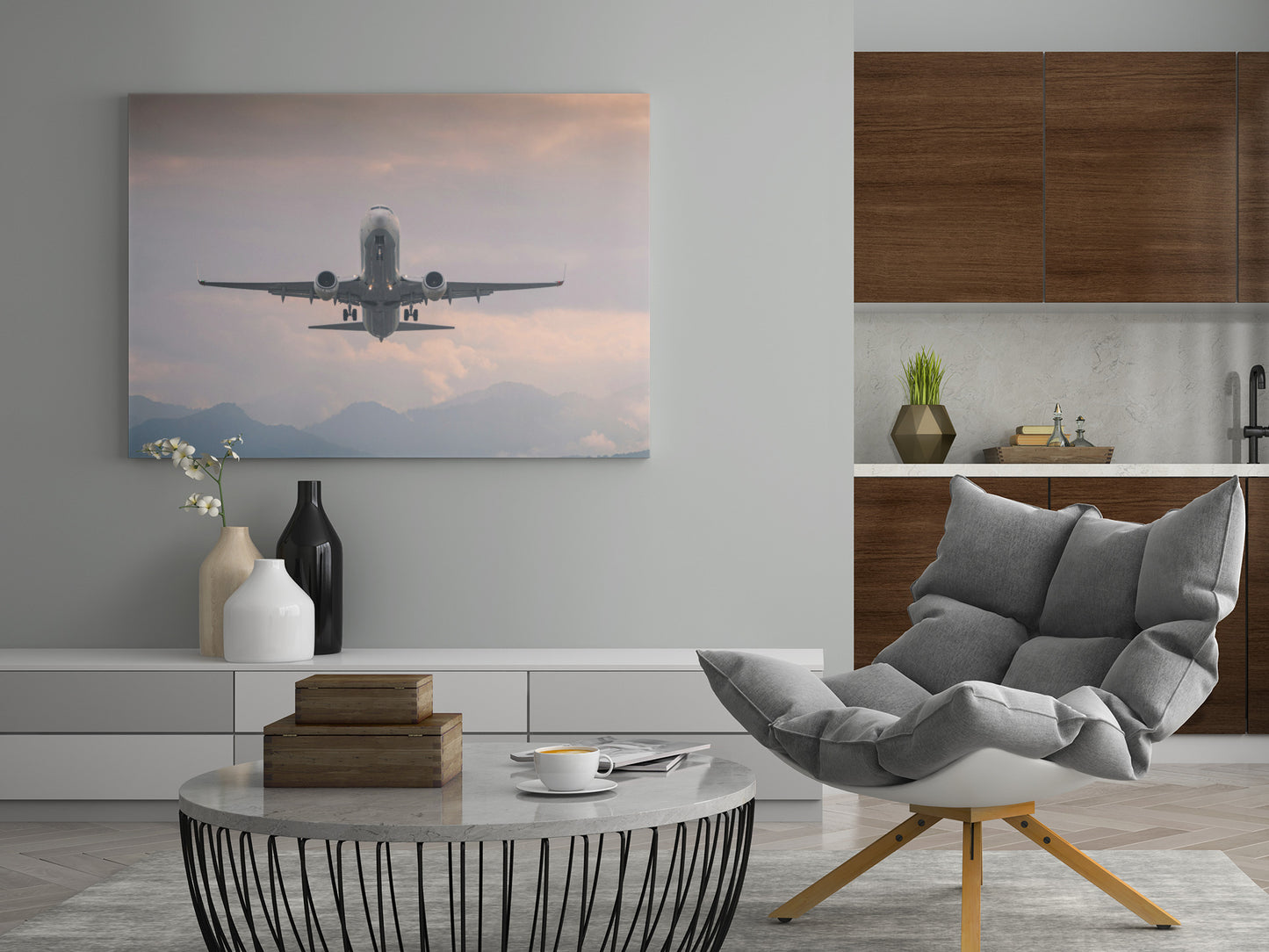 Leinwand mit Flugzeug beim Start über Bergen und Wolken