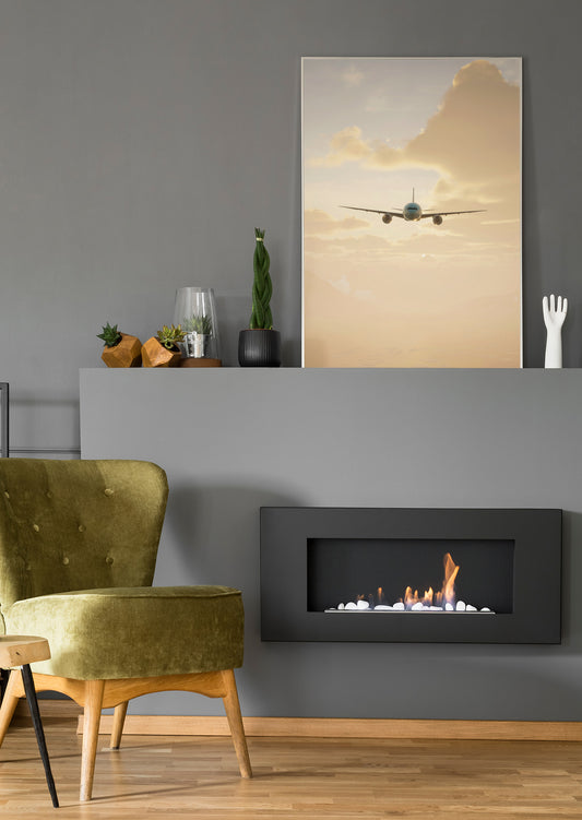 Rechteckige Wandleinwand mit Flugzeug im Flug über Wolken