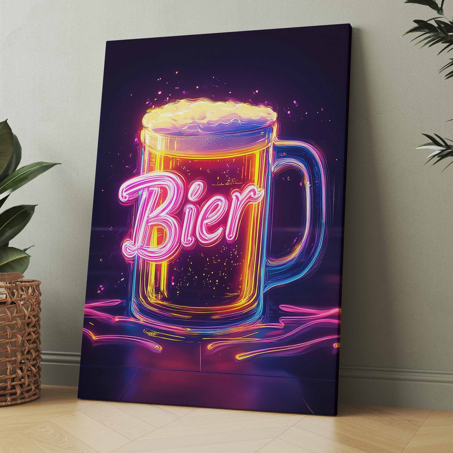 Neon-Bierglas-Druck: rechteckige Wandkunst mit leuchtender Bierkrug-Illustration
