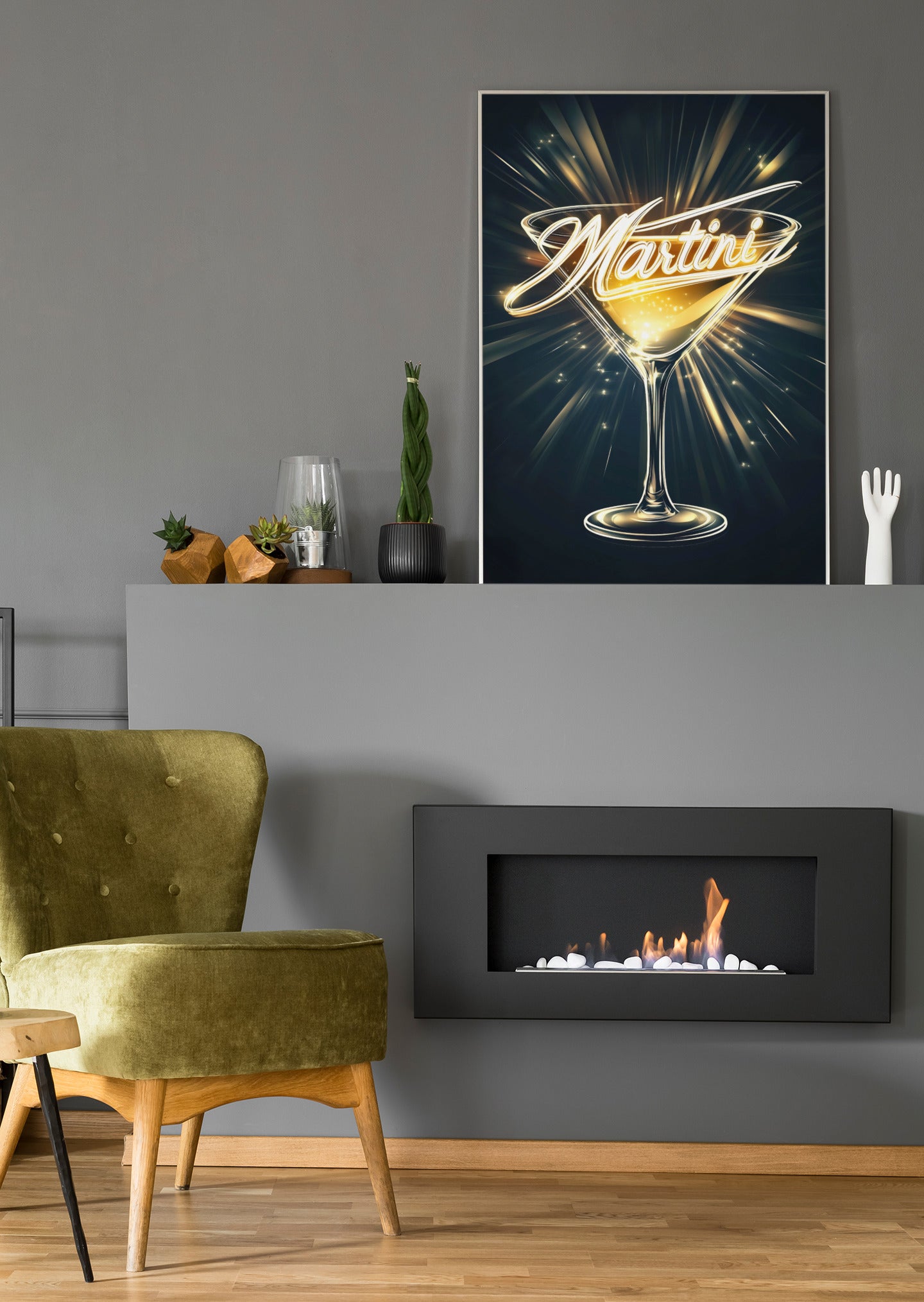 Gerahmtes Neon-Cocktail-Poster mit Martini-Glas und goldener Schrift auf dunklem Grund