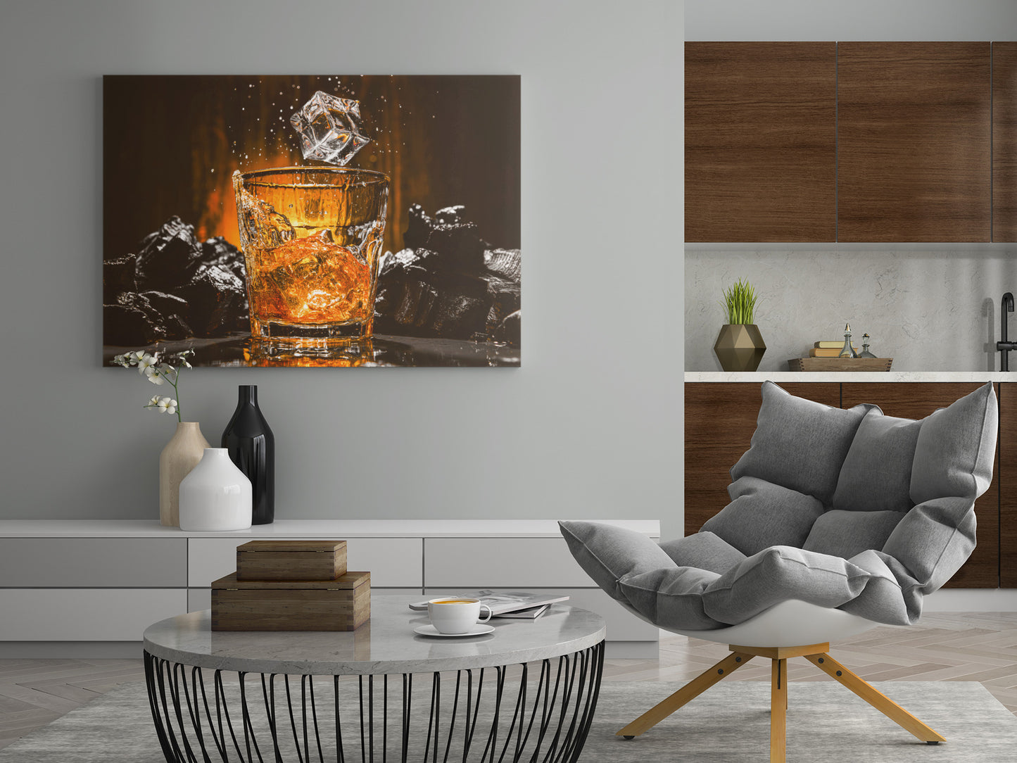 Wandbild mit Whiskyglas und Eiswürfeln, gold-orange, mit Spritzern