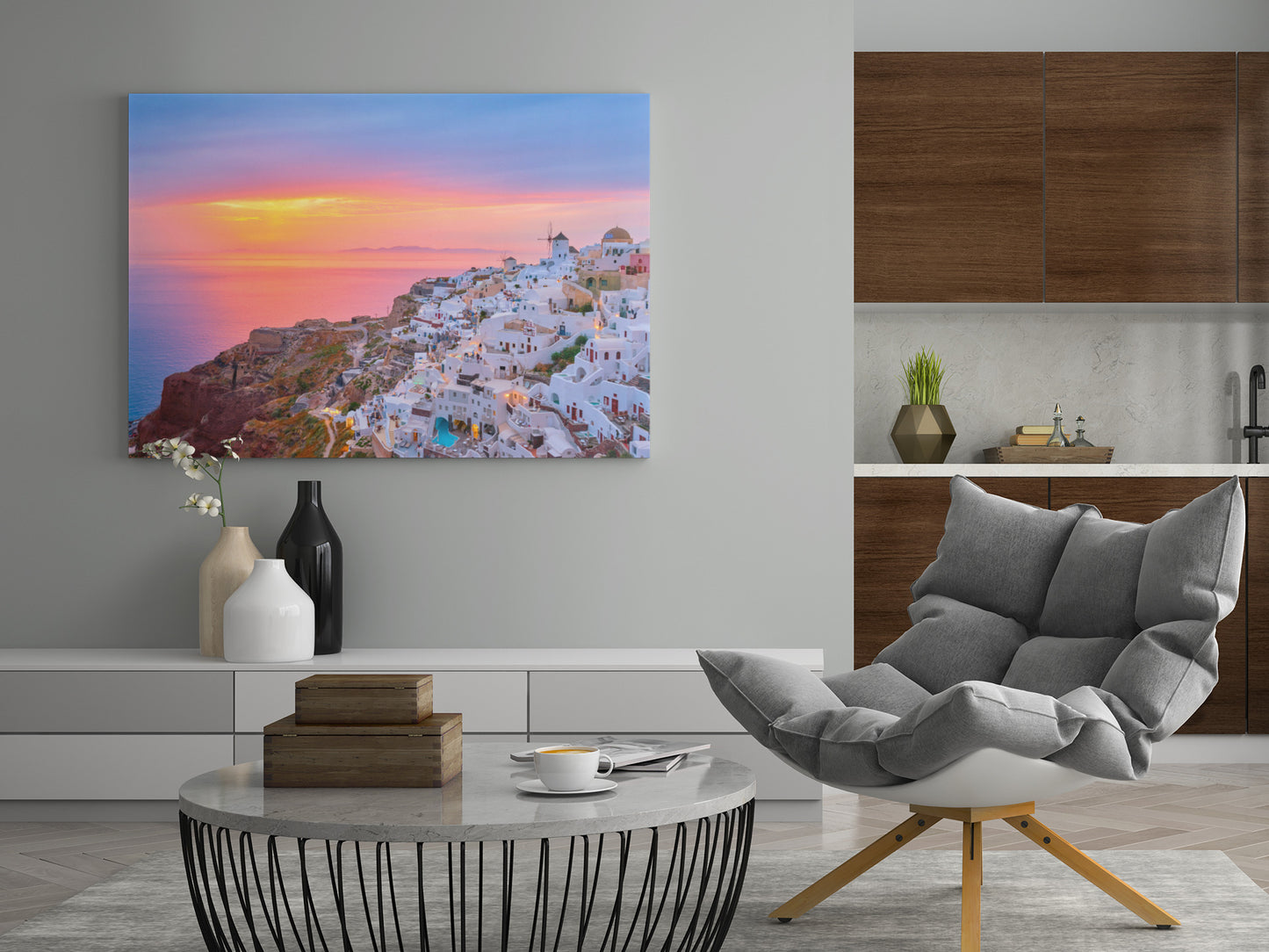 Leinwandbild im Querformat mit weißem Ort am Meer bei Dämmerung