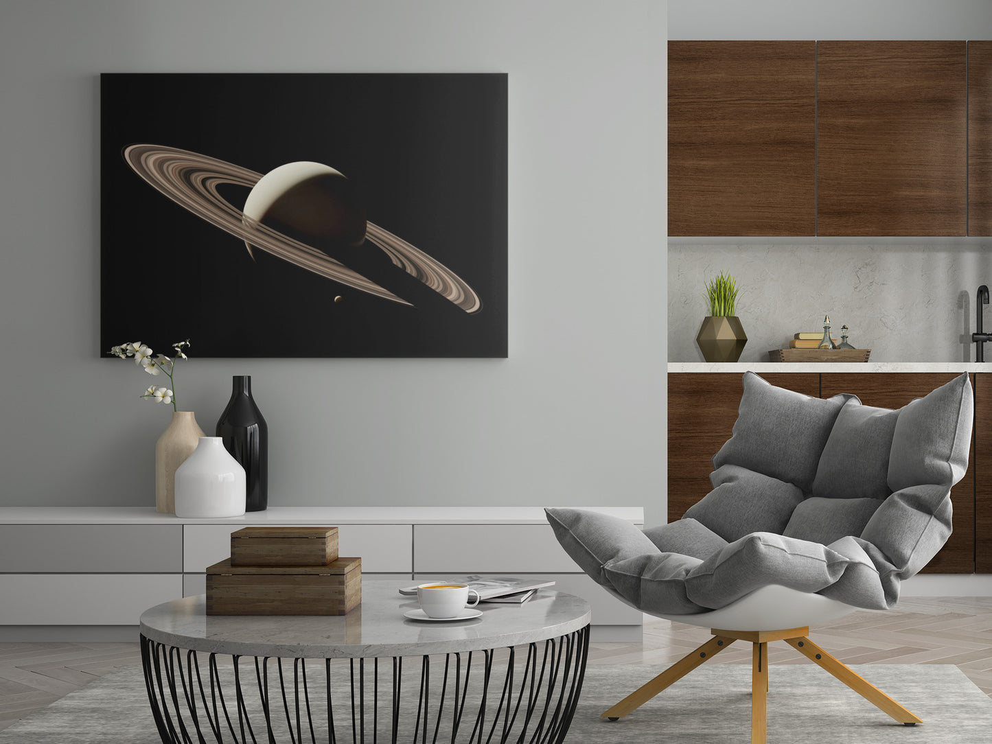 Leinwandbild mit Saturn-Planet und schmalen Ringen, dunkler Farbverlauf