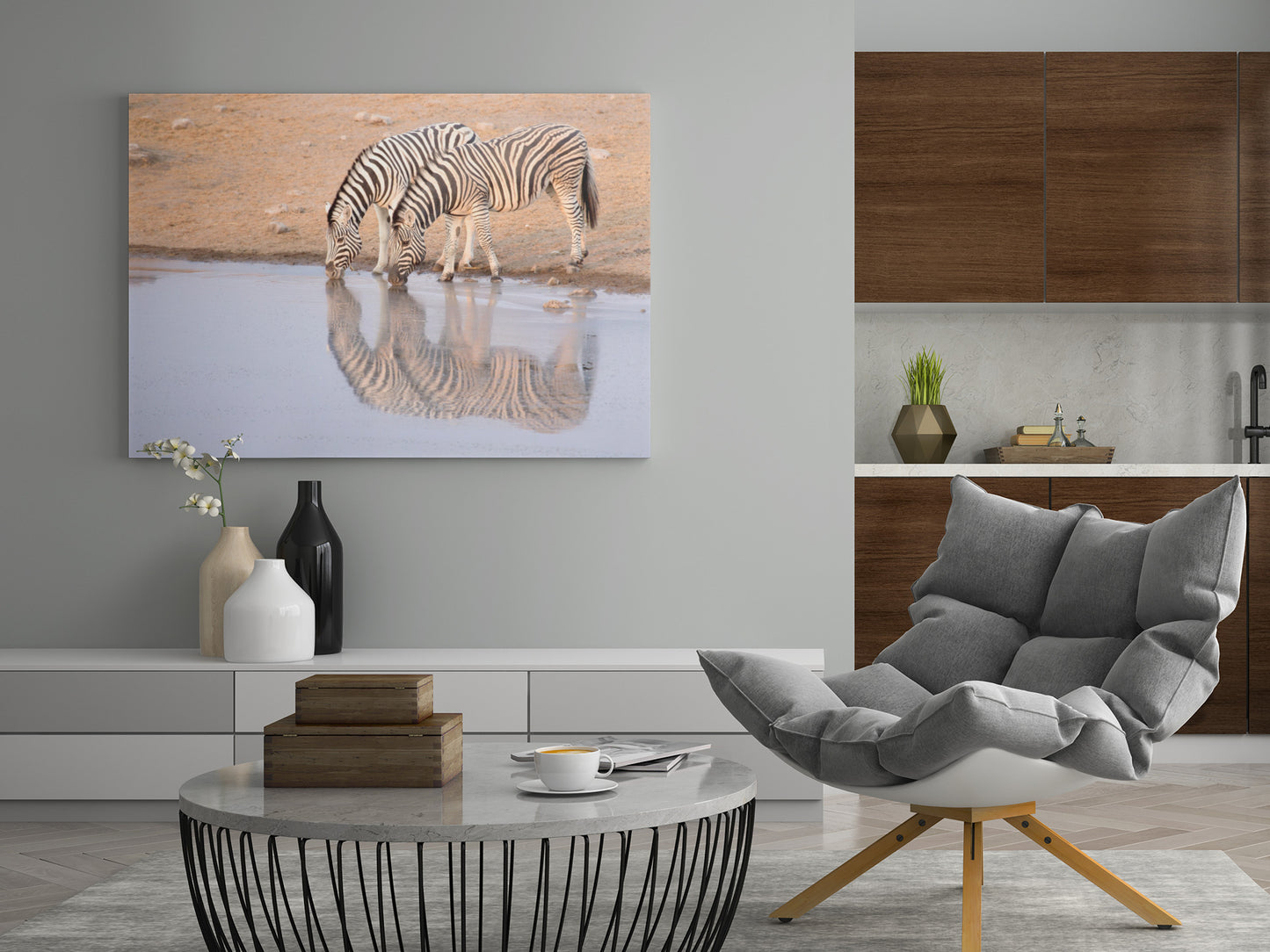 Leinwand mit Zebras am Wasser, zentraler Motivprint