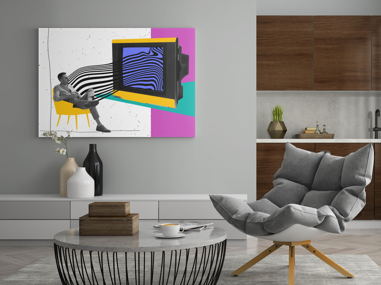 Retro-TV-Motiv auf Leinwand: sitzende Figur, gelbe/pinke Flächen, blaue Wellen im Bildschirm