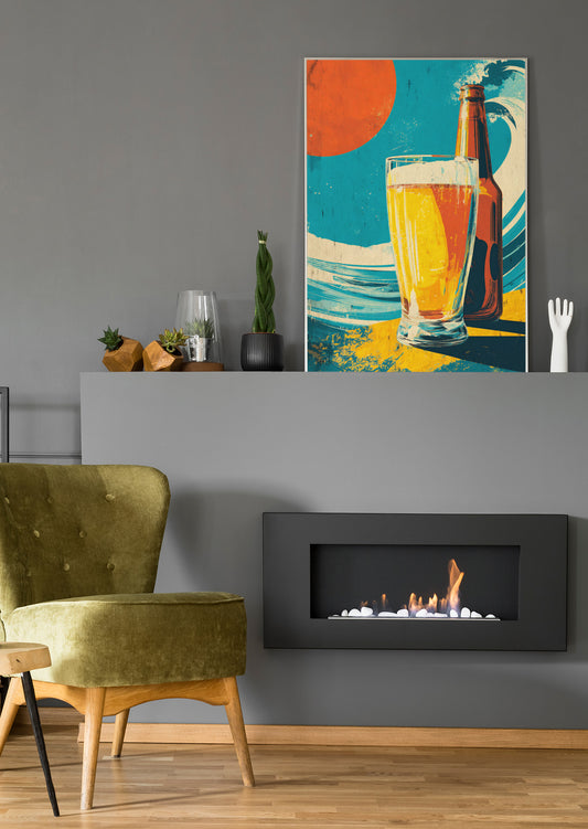 Kunstdruck-Leinwand mit Bierflasche, Bierglas und blau-orangen FarbflÀchen
