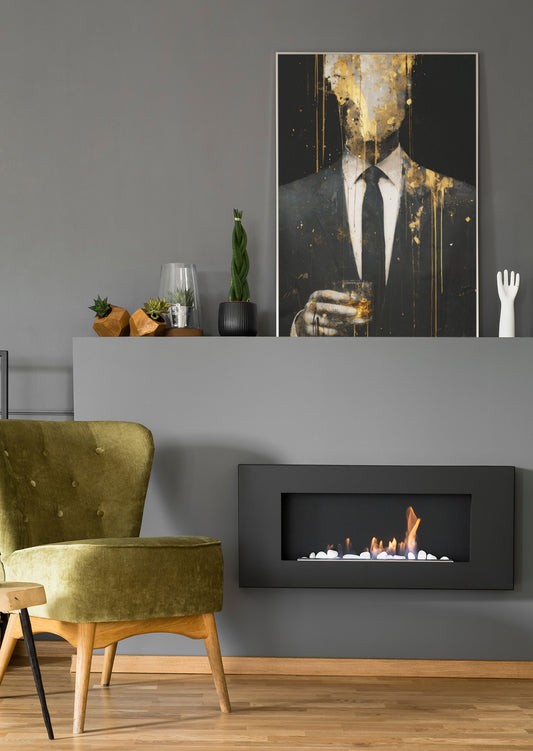 Leinwandbild an der Wand: Anzugmann mit goldenen Akzenten, schwarzem Hintergrund und Krawatte