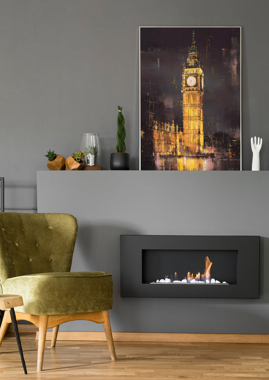 Wandbild Big Ben bei Nacht im Metallrahmen, goldene Turmuhr, dunkles Stadtmotiv