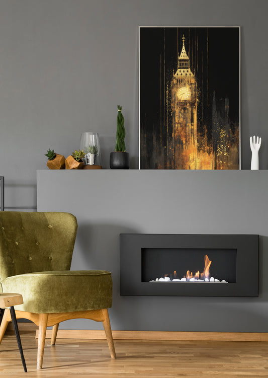 Gerahmtes Poster mit Big Ben im Gold-Look vor dunklem Hintergrund