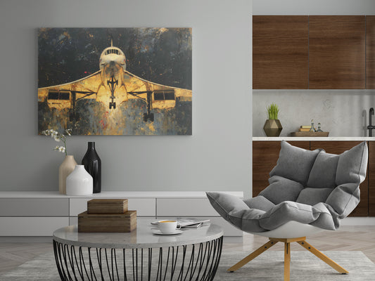 Rechteckiges Wandbild mit goldenem Flugzeug frontal vor dunklem Hintergrund