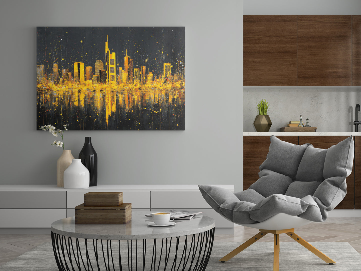 Leinwandbild der Frankfurter Skyline in Gold, mit reflektierender Wasserfläche auf dunklem Grund.
