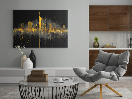 Leinwand mit Skyline: goldene Türme und Lichtstreifen, dunkler Nachthimmel.
