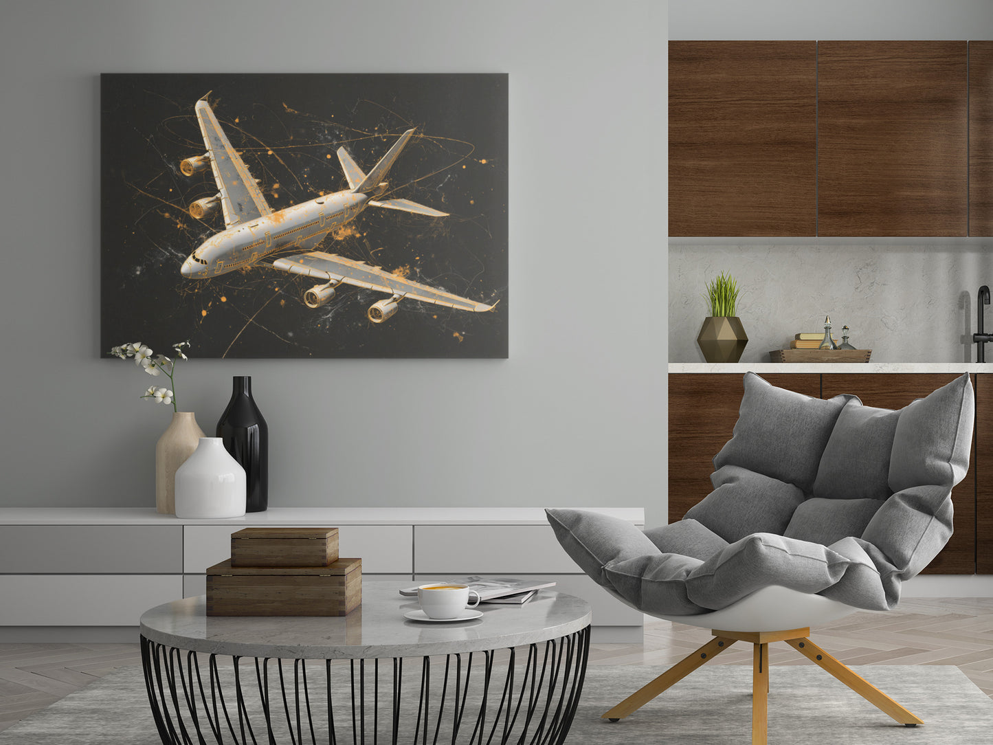 Wand-Leinwandbild mit Flugzeugmotiv, helles Flugzeug gegen dunklen Hintergrund mit Punkten