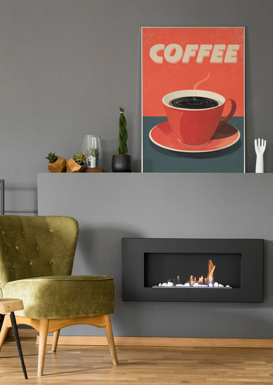 Kaffee-Retroposter an der Wand: „COFFEE“-Schrift, Kaffeetasse auf Untersetzer