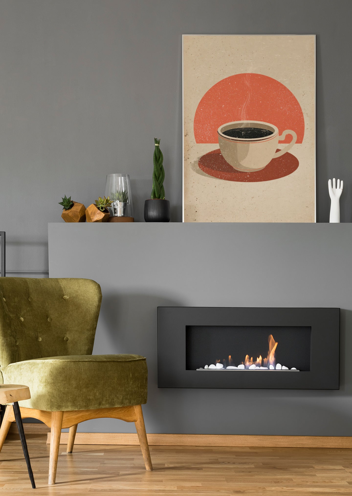 Vintage Kaffeetassen-Poster, zentriert: Tasse auf beigem Grund mit rotem Kreis