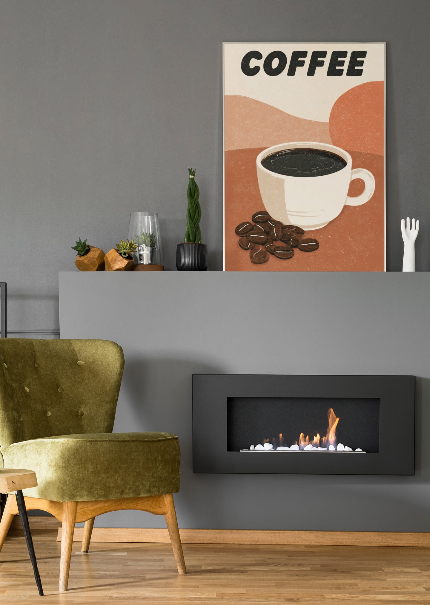 Wandposter mit weißer Kaffeetasse, Bohnen und „COFFEE“ Schriftzug