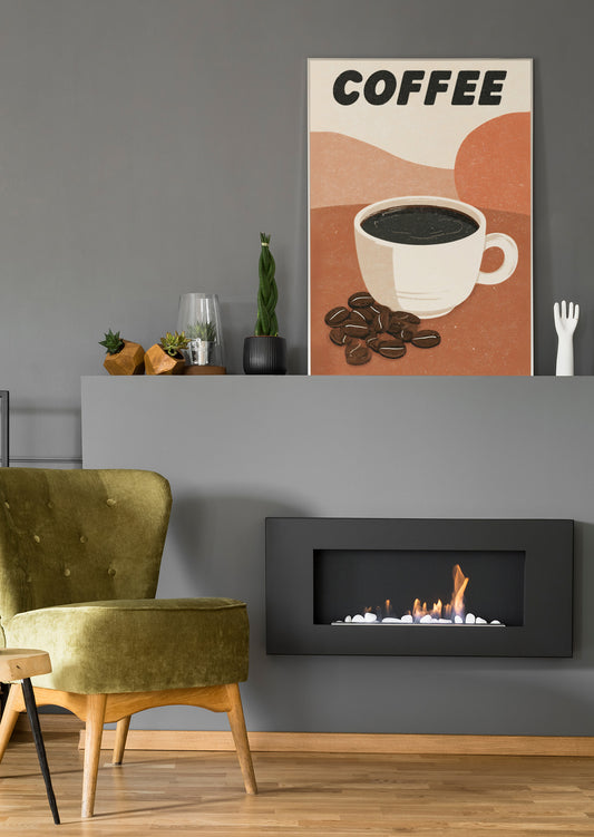 Wandposter mit weißer Kaffeetasse, Bohnen und „COFFEE“ Schriftzug