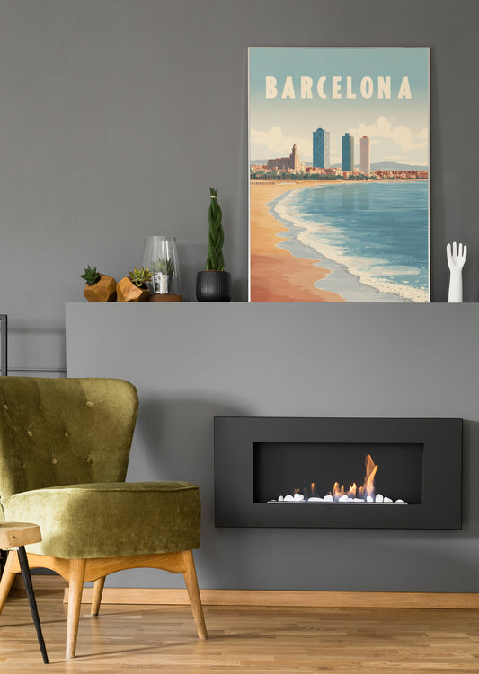 Wandkunst-Print „Barcelona“ mit Strand und Skyline, vertikal montiert
