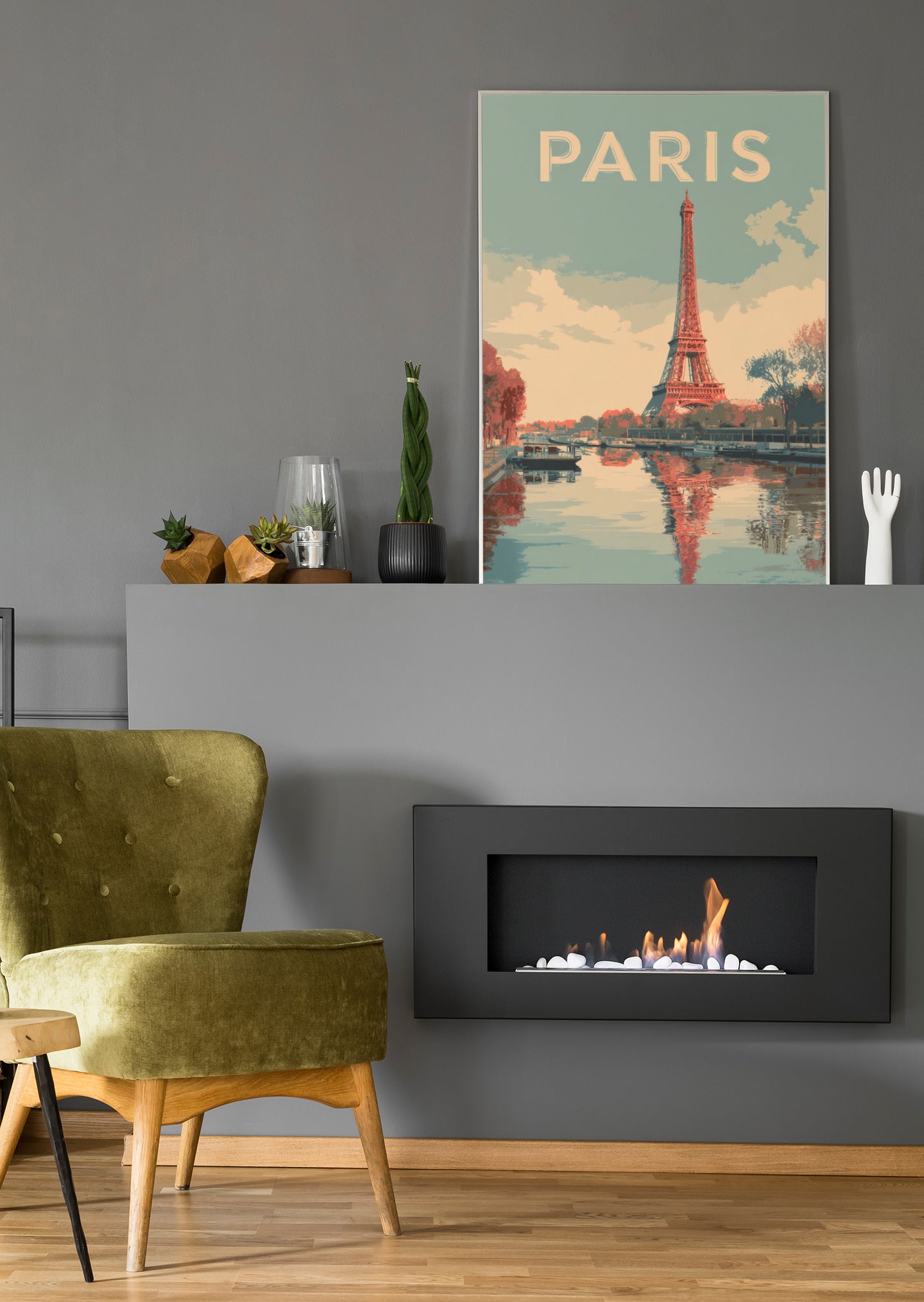 Leinwandbild mit Aufschrift „PARIS“ und Eiffelturm mit Spiegelung, Hochformat.