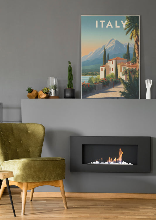 Wandbild mit „ITALY“, Bergsee und italienischen Häusern, Palmen am Rand