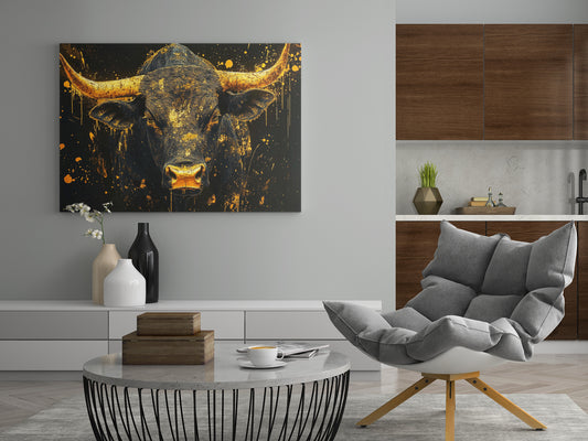 Wandbild mit goldenen Stierhörnern und Stierkopf, Spritzer und Farbkleckse auf Schwarz