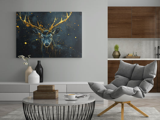 Abstrakte Hirsch-Leinwand mit goldenen Hörnern über dunklem Muster