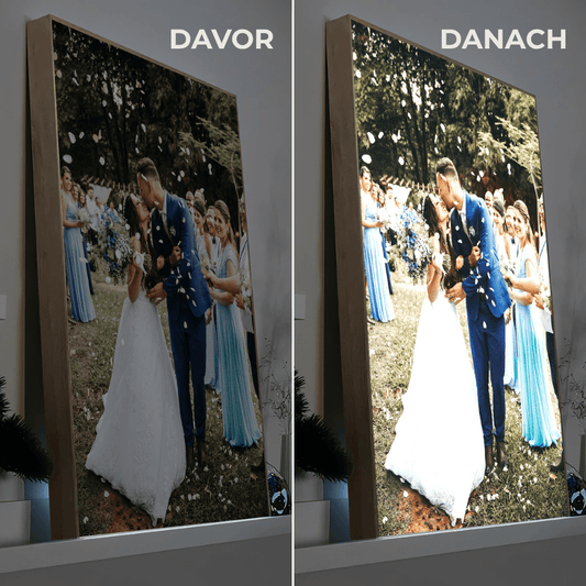 LED-Wandbild mit Wunschmotiv im Holzrahmen, Hochzeitsfoto