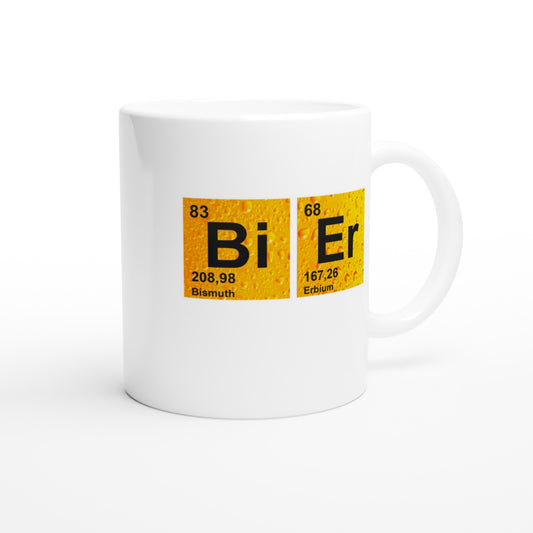 Weiße Bier-Tasse mit Henkel und gelbem „Bi Er“-Druck mit Zahlen