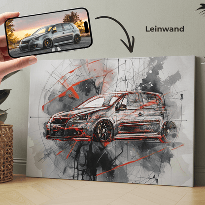 Abstraktes Auto-Wandbild auf Leinwand: schwarzer Sportwagen mit roten Spritzakzenten